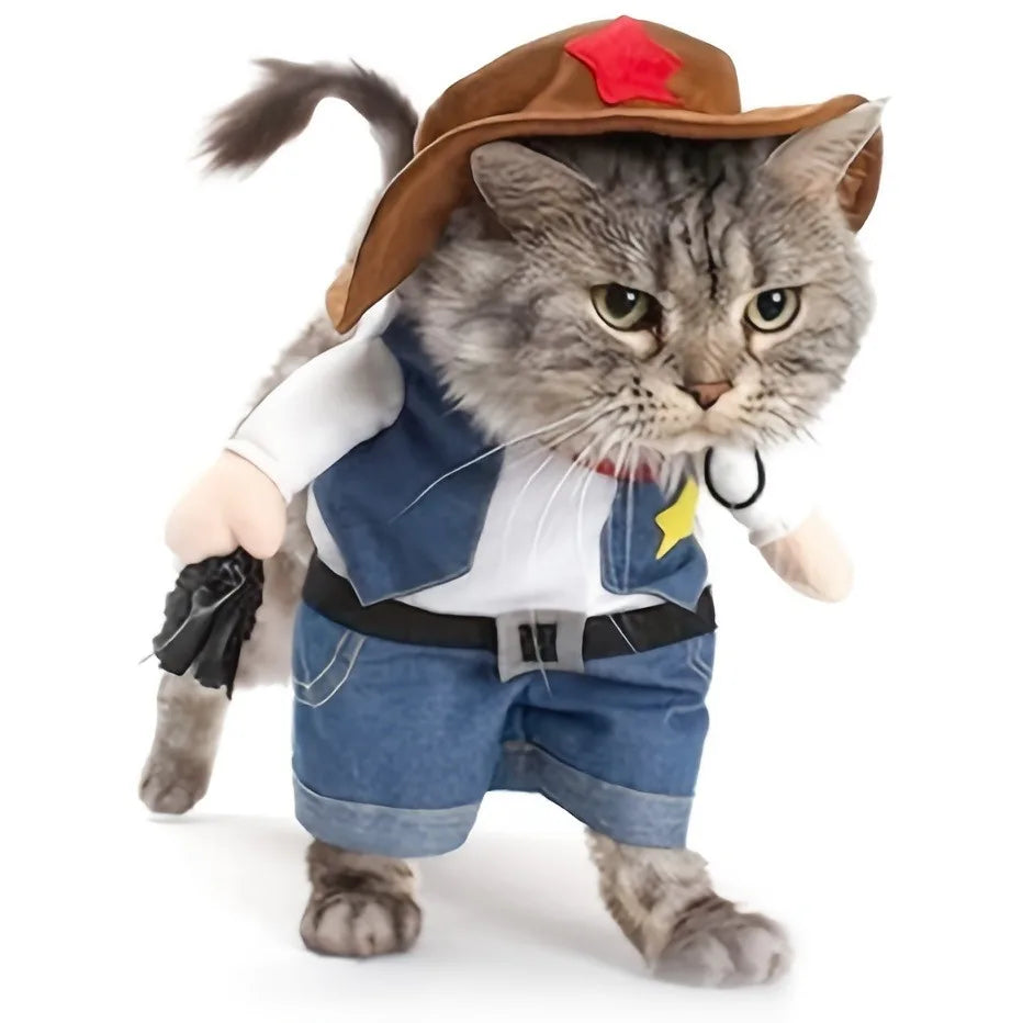 Cowboy Transformable Pet Costume Funny Cat Cosplay Outfit with Hat Halloween Christmas Party Dress up Clothes for Small Medium