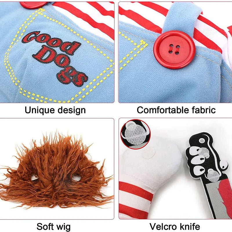Pet Halloween Costume Dog Clothing Chucky Jumpsuit Dog Deadly Doll Cosplay Funny Party Costume Dog Clothes for Small Medium Dogs