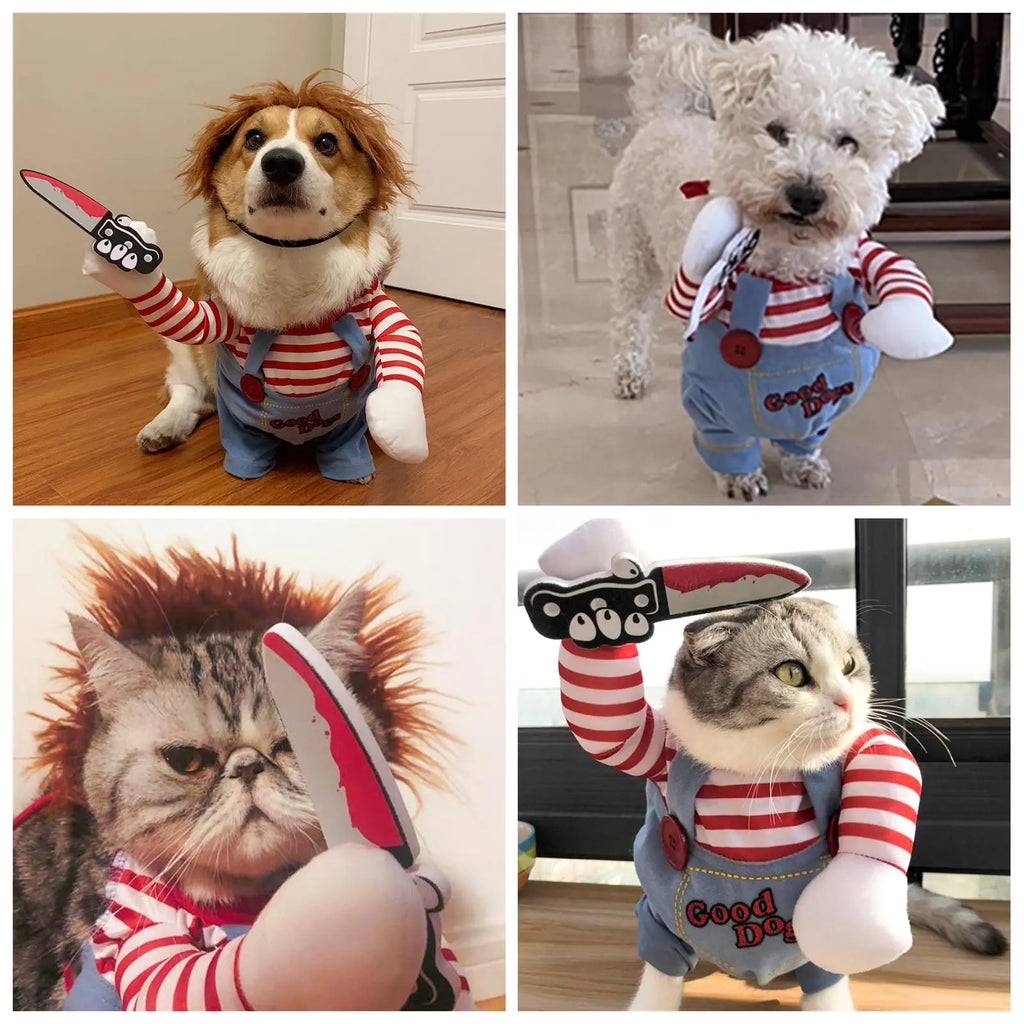 Funny Chucky Halloween Dog Costume with Pet Wig, Cosplay Scary Outfit with Knife, Creative Pet Costume for Small Medium and Large Dogs Cats Puppy